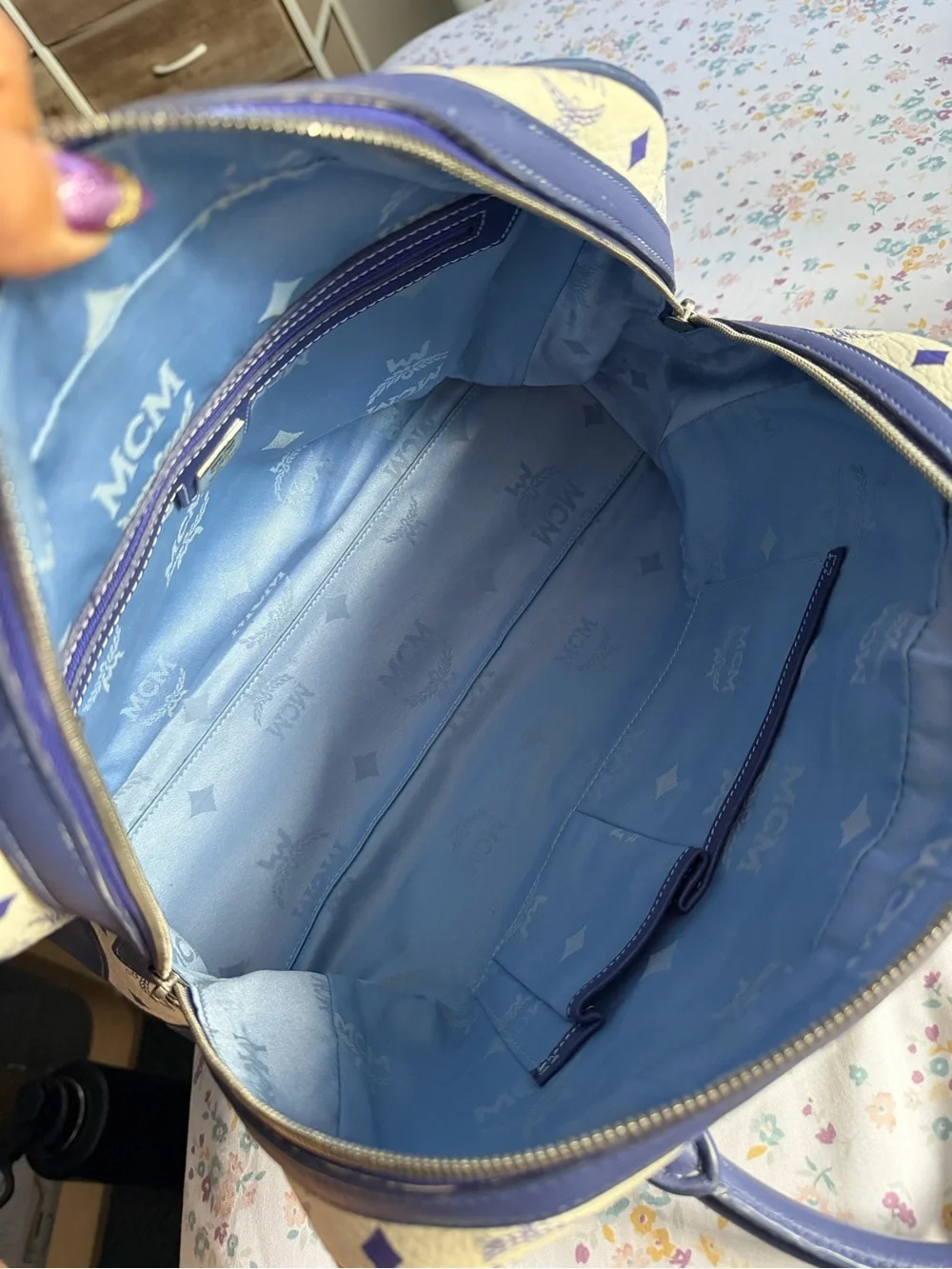 MCM Cream Satchel with Blue Trim and Yellow Accents